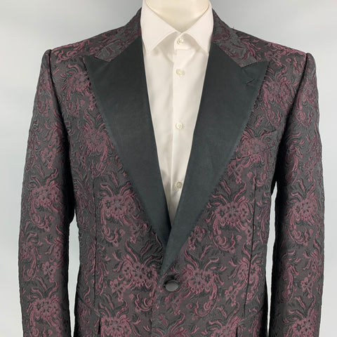 DOLCE & GABBANA Alta Sartoria Size 48 Black & Burgundy Jacquard Cotton Blend Sport Coat