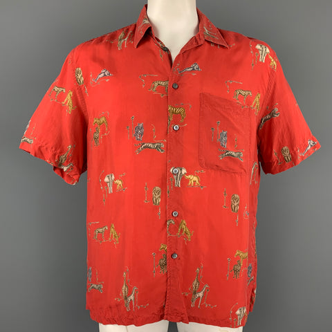 BRIONI Size L Red & Taupe Animal Print Rayon Button Up Short Sleeve Shirt