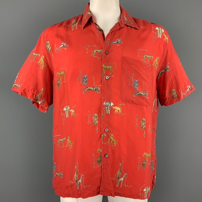 BRIONI Size L Red & Taupe Animal Print Rayon Button Up Short Sleeve Shirt