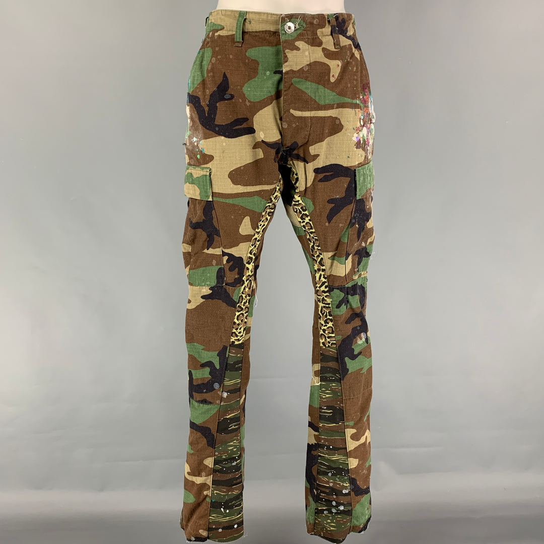 GALLERY DEPT. Size 26 Green Brown Cotton Nylon Paint Splattered Camo Flared Cargo Pants