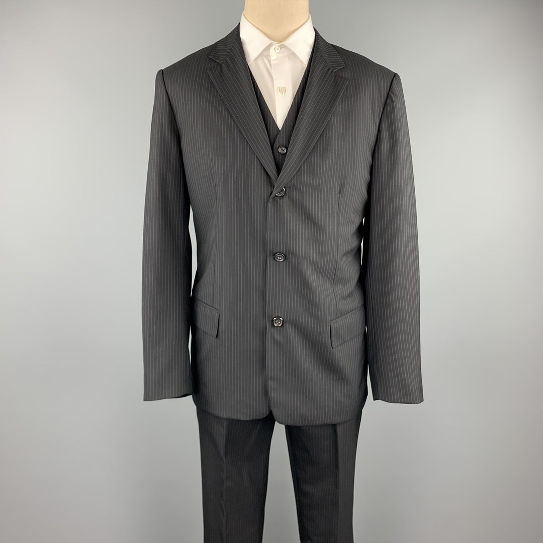 JIL SANDER Size 42 Long Black Stripe Wool Notch Lapel 3 Piece Suit