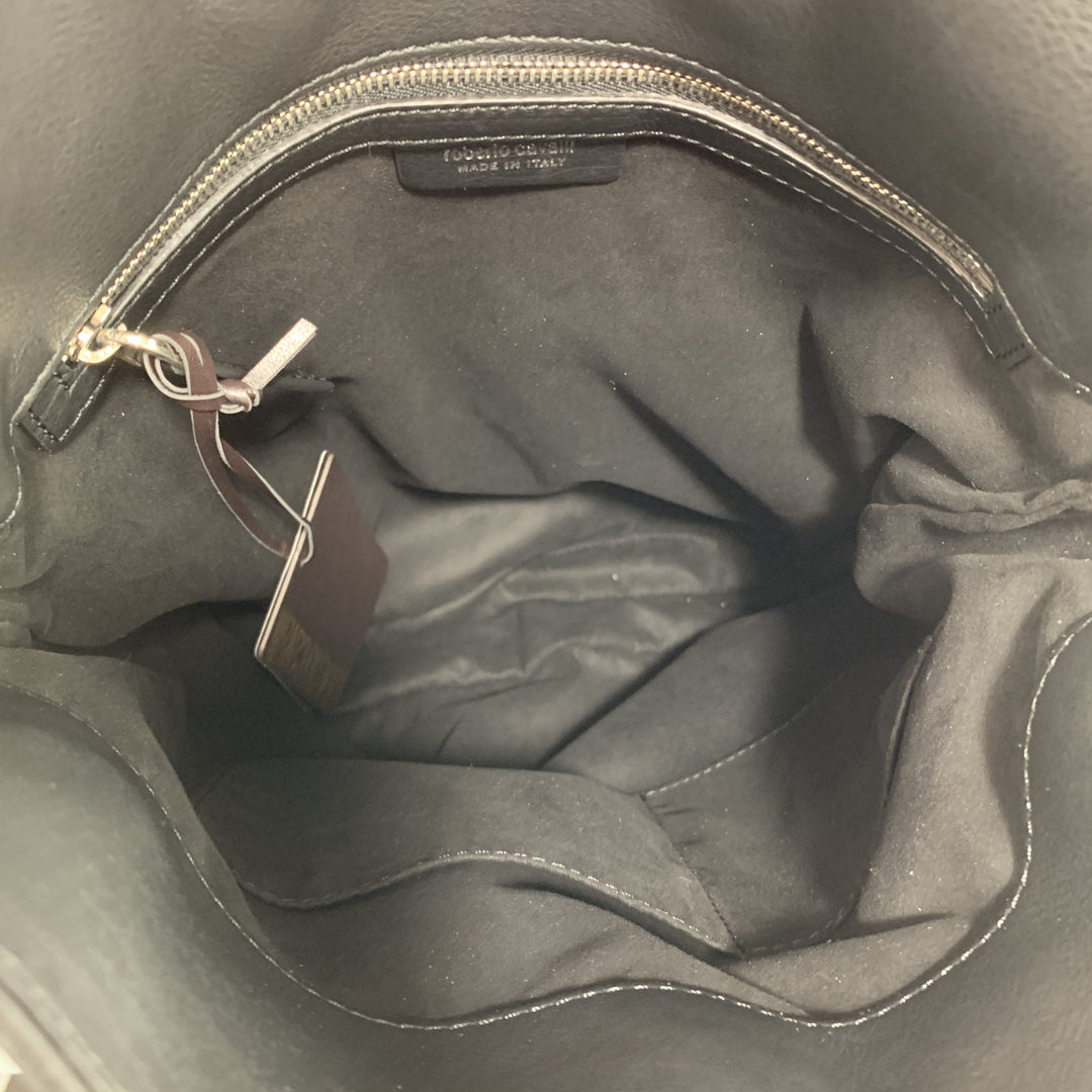 ROBERTO CAVALLI Black Leather Studded Fring Bucket Backpack
