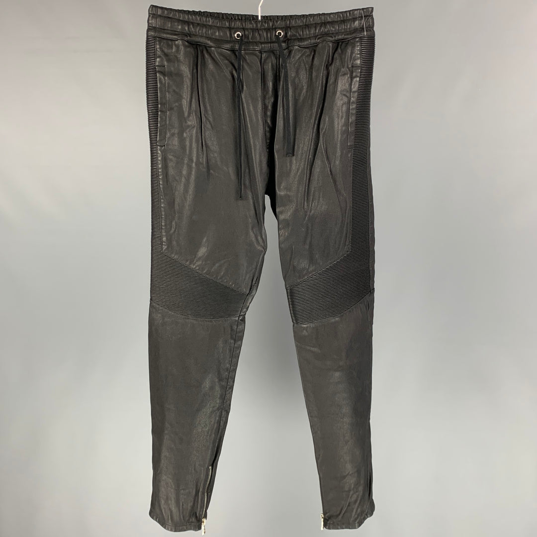BALMAIN Size XL Black Leather Elastic Waistband Casual Pants