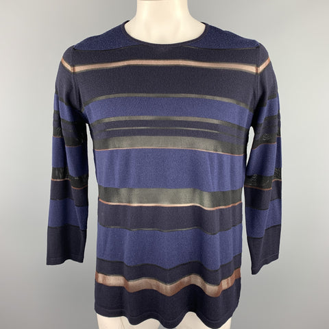 JAEGER Size L Navy & Black Stripe Wool Blend Crew-Neck Pullover