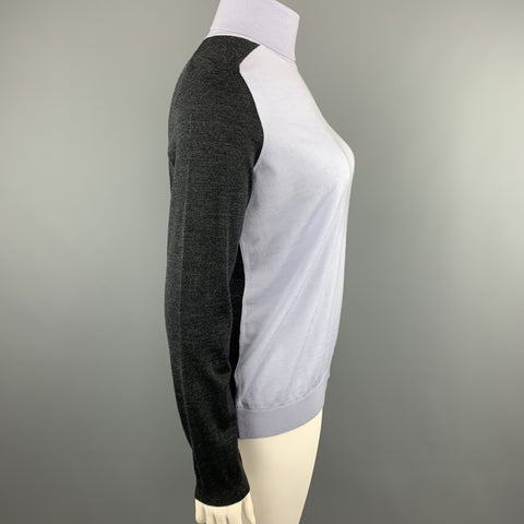 AKRIS 12 Light Blue & Charcoal Grey Wool Color Block Turtleneck Pullover