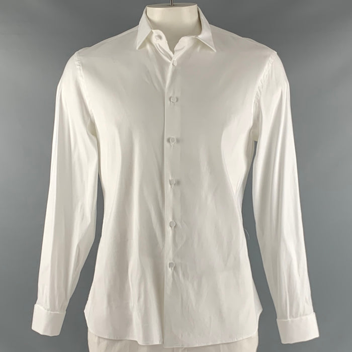 PRADA Size L White Cotton Blend French Cuff Long Sleeve Shirt