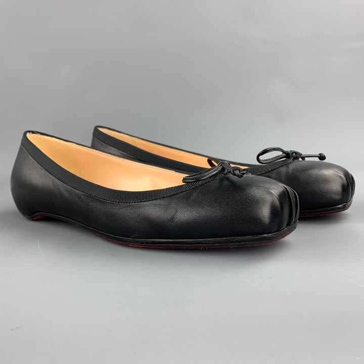 CHRISTIAN LOUBOUTIN Size 7.5 Black Leather Bow Ballet Bolshoi Flats