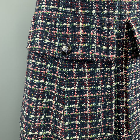 CHANEL FW 2013 Talla 2 Traje de falda de línea A con cuello alto de tweed multicolor azul marino