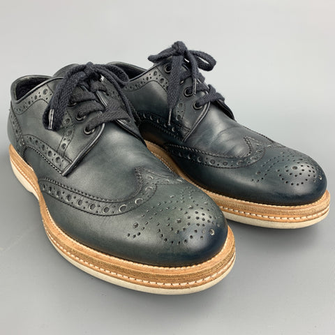 SANTONI Size 8 Navy Perforated Leather Wingtip Lace Up