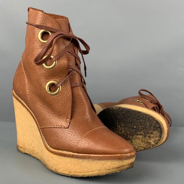 YVES SAINT LAURENT Size 7 Cognac Beige Leather Wedge Boots