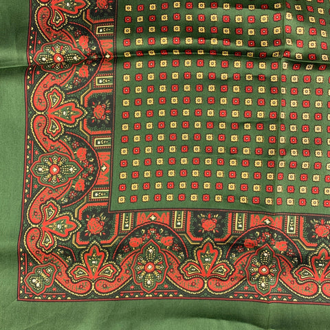 VINTAGE Pochette de costume en soie imprimé vert orange