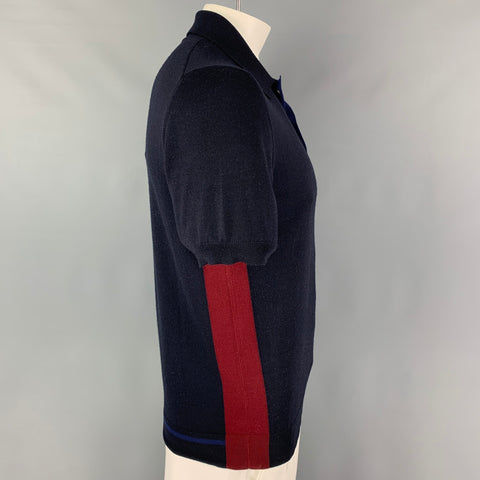 PRADA Size L Navy Burgundy Knitted Wool Buttoned Polo