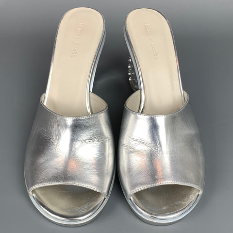 SIMONE ROCHA Size 8 Silver Leather Carved Heel Mule Sandals