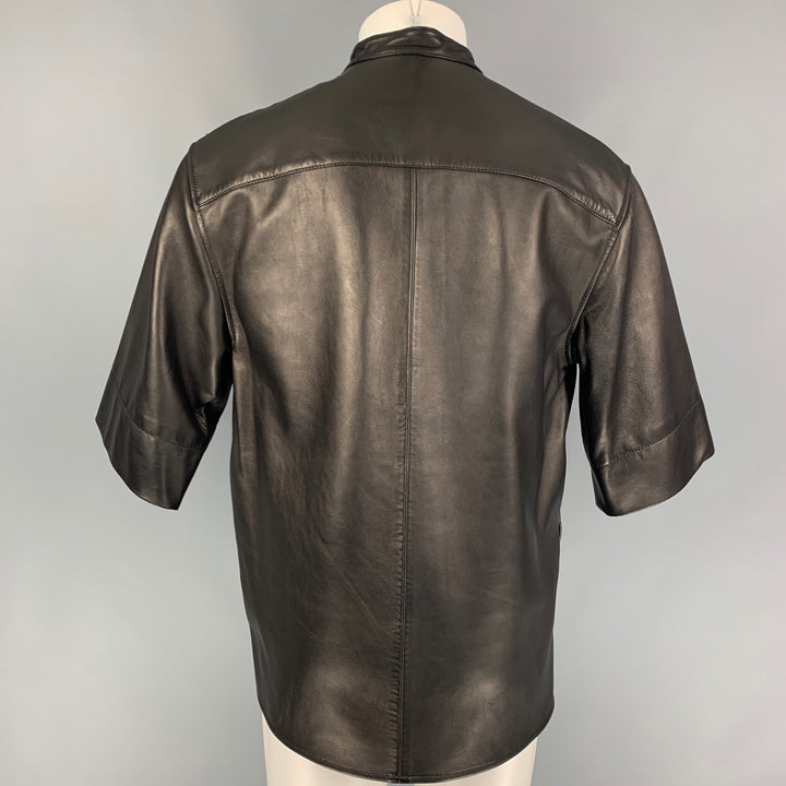 3.1 PHILLIP LIM Size M Black Leather Buttoned Collar Short Sleeve Shirt