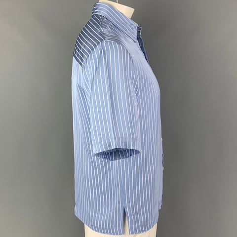 SANDRO Size L Blue White Stripe Viscose Blend Button Up Short Sleeve Shirt