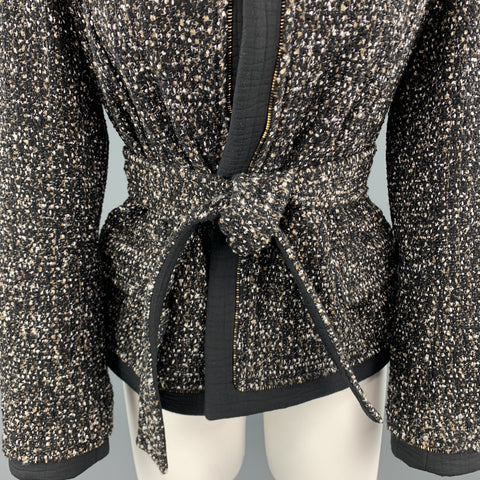 YVES SAINT LAURENT Size M Black Tweed Ziper Trim Collarless Jacket