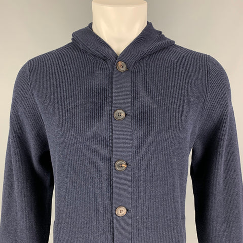 BRUNELLO CUCINELLI  Size L Navy Knitted Cotton Hooded Jacket