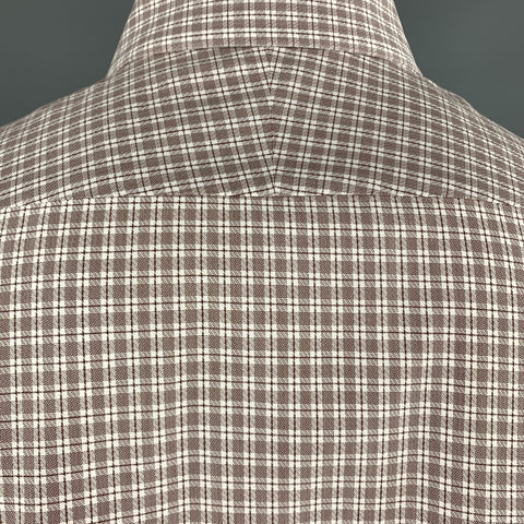 TOM FORD Size XL Brown & White Micro Plaid Cotton Button Up Long Sleeve Shirt