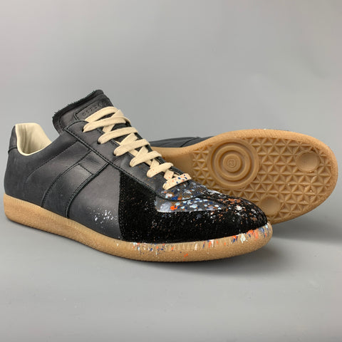 MAISON MARTIN MARGIELA Size 10.5 Grey & Black Paint Splatter Leather Replica Sneakers