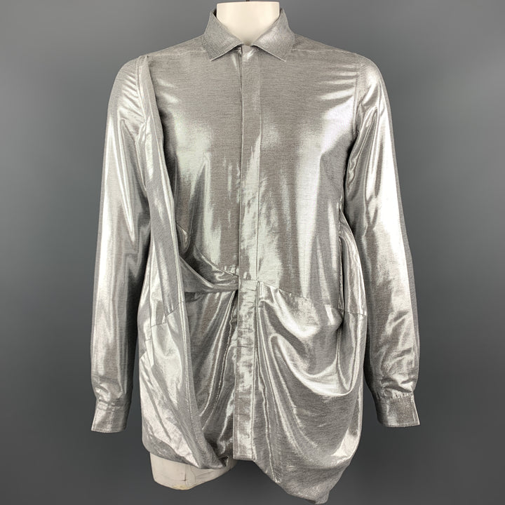 RICK OWENS FW19 Size 8 Silver Viscose Blend Hidden Buttons Asymmetrical Long Sleeves Shirt