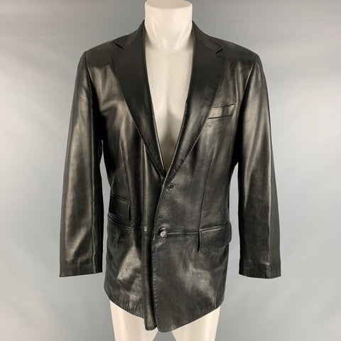 GUCCI Chest Size 40 Black Solid Leather Notch Lapel Sport Coat
