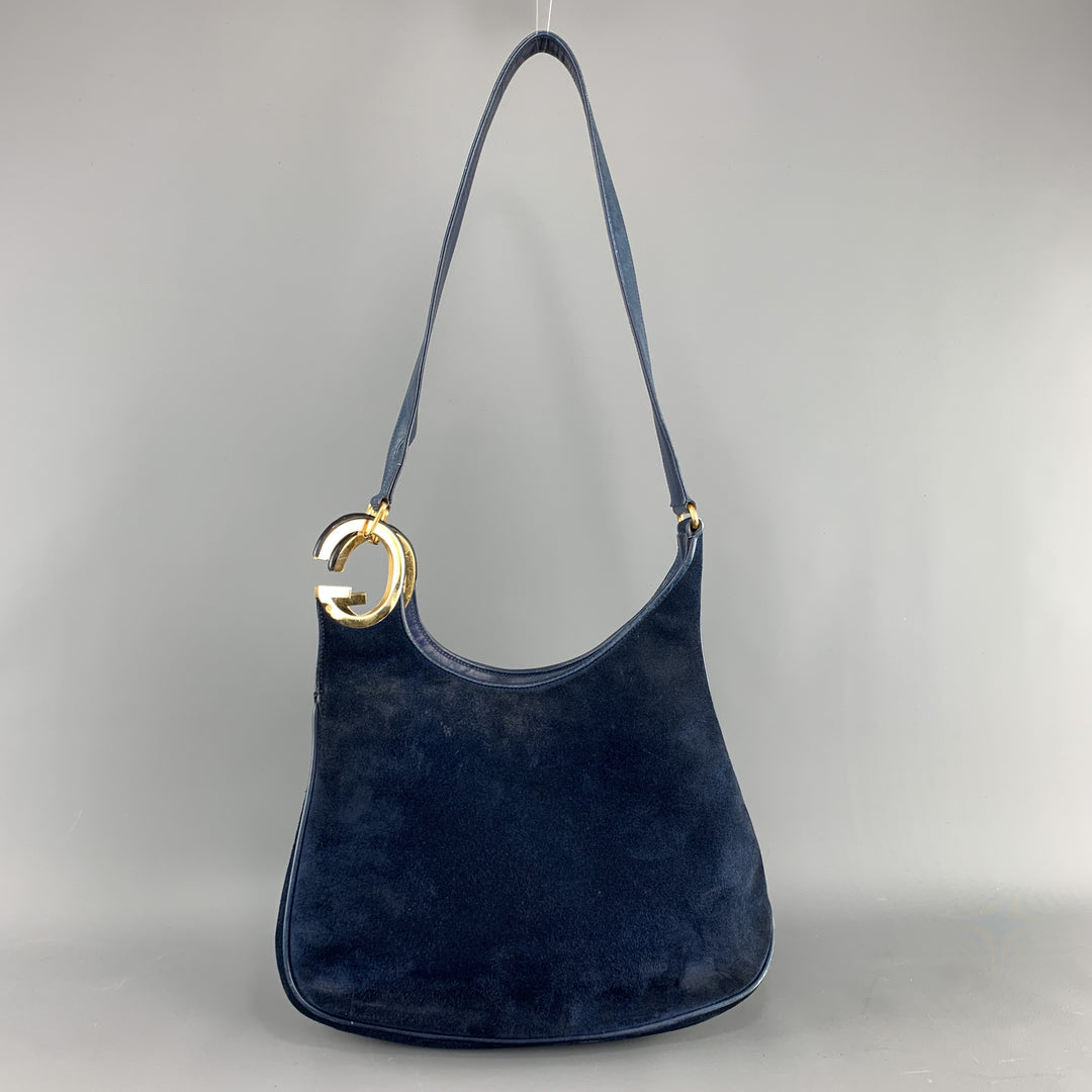 Vintage GUCCI Navy Blue Suede Gold Tone GG Shoulder Bag