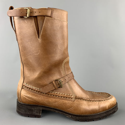 RALPH LAUREN Talla 8.5 Botas con doble hebilla a media pantorrilla de cuero color canela