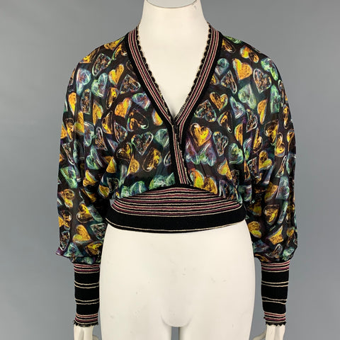 ROBERTO CAVALLI Size 8 Multi-Color Heart Print Silk Blend Long Sleeve Casual Top