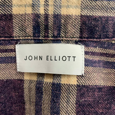 JOHN ELLIOTT Size M Purple Beige Plaid Cotton Cropped Long Sleeve Shirt