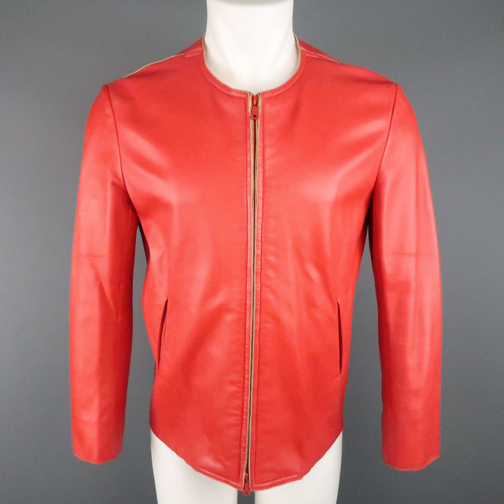 JIL SANDER Size L Red Raw Edge Leather Collarless Zip Jacket