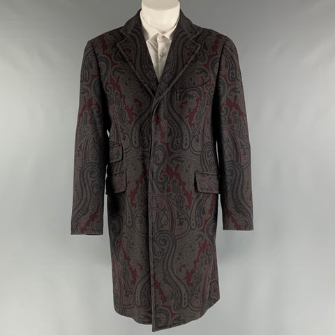 ETRO Size 40 Grey Burgundy Paisley Wool Polyamide Coat