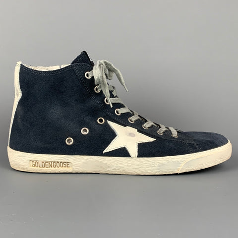 GOLDEN GOOSE Francy Size 10 Navy & White Distressed Suede High Top Sneakers