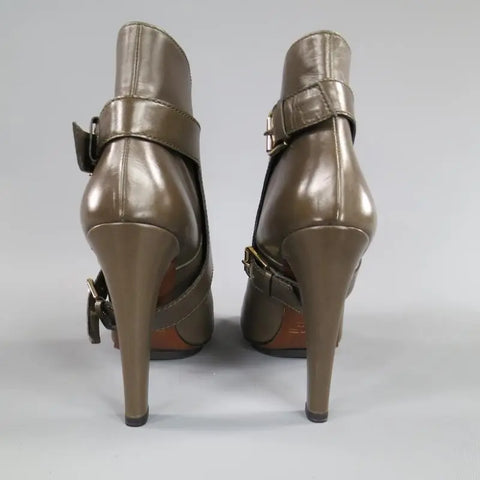 ETRO Size 9 Olive Taupe Green Leather Harness Platform Booties ETRO