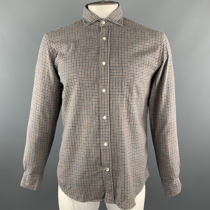 HARTFORD Size L Grey & Orange Plaid Cotton Button Up Long Sleeve Shirt