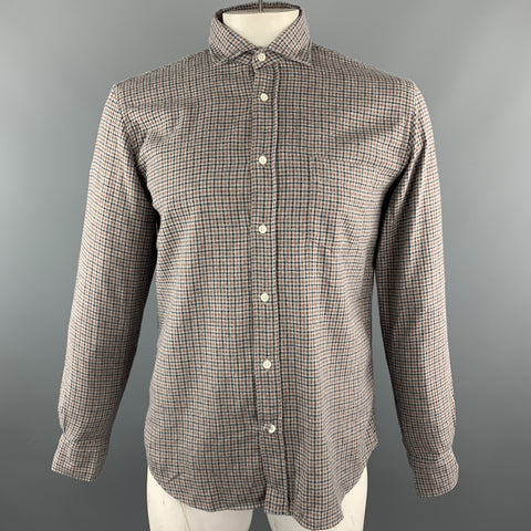HARTFORD Size L Grey & Orange Plaid Cotton Button Up Long Sleeve Shirt