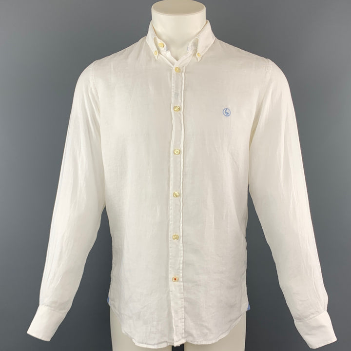 EL GANSO Size S Solid White Linen Button Down Long Sleeve Shirt