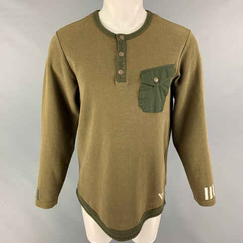 ADIDAS Size M Olive Green Waffle Knit Cotton Henley T-shirt
