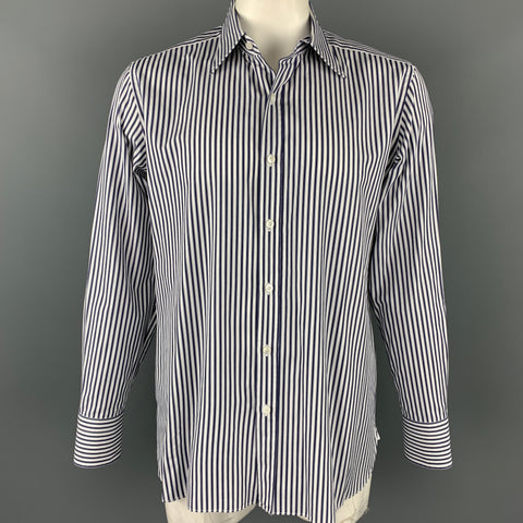 TOM FORD Size XL Navy & White Vertical Stripe Cotton Button Up Long Sleeve Shirt