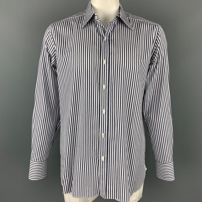 TOM FORD Size XL Navy & White Vertical Stripe Cotton Button Up Long Sleeve Shirt