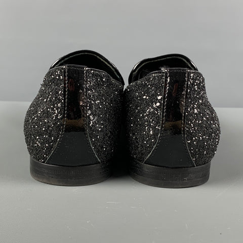 JIMMY CHOO Size 8 Black Glitter Leather Loafers