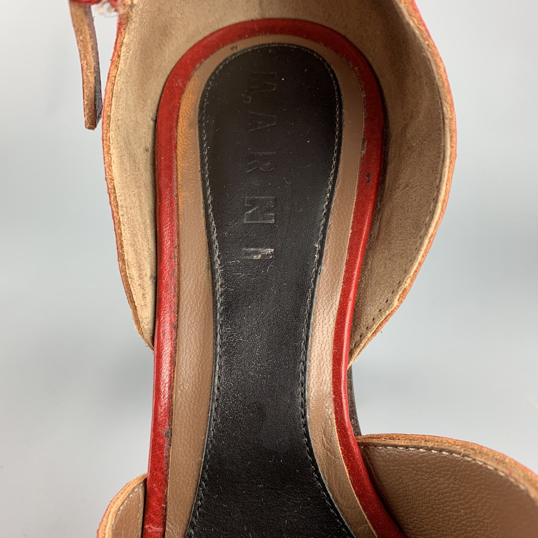 MARNI Size 8 Red Leather Peep Toe Double Strap Pumps