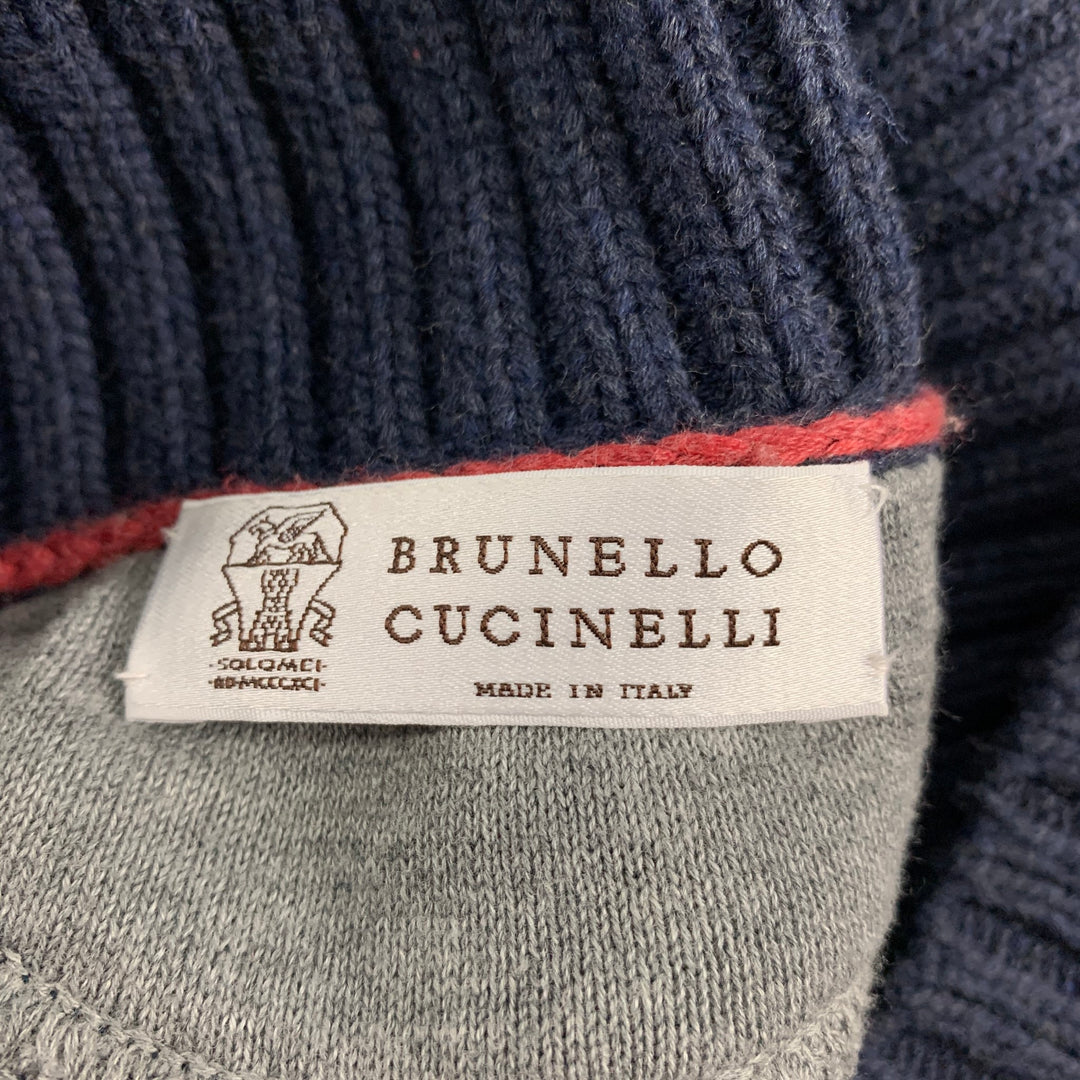 BRUNELLO CUCINELLI Size S Dark Blue Knit Cotton Nylon Shawl Collar Sweater