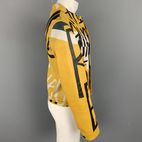 BURBERRY PRORSUM Spring 2015 Size 38 Antique Yellow Book Cover Print Leather Buttoned Jacket
