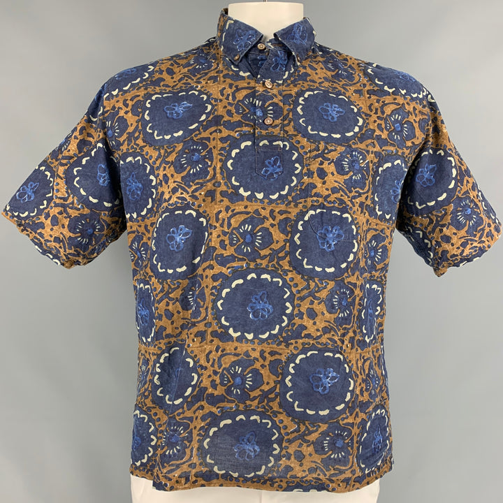 45rpm Size XL Navy & Brown Print Cotton Pop-Over Short Sleeve Shirt