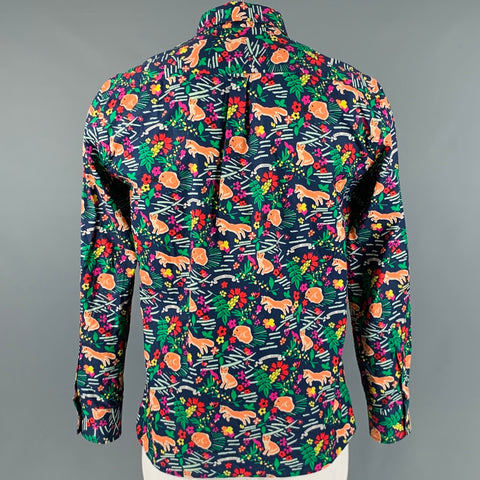 MAISON KITSUNE Size L Navy Multi-Color Print Cotton Long Sleeve Shirt