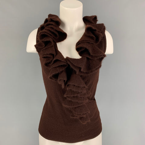 RALPH LAUREN Black Label Taille M Pull sans manches à volants en cachemire marron