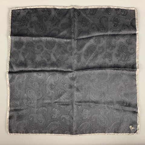 VINTAGE Carré de Poche Jacquard en Soie Paisley Gris Noir