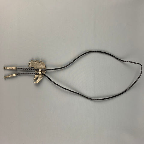 VINTAGE Silver Black Woven Leather Metal Bolo Tie