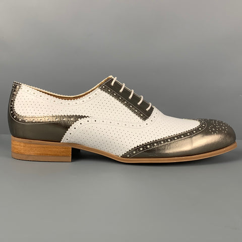 EMPORIO ARMANI Size 10 White Metallic Perforated Leather Spectator Lace Up Shoes