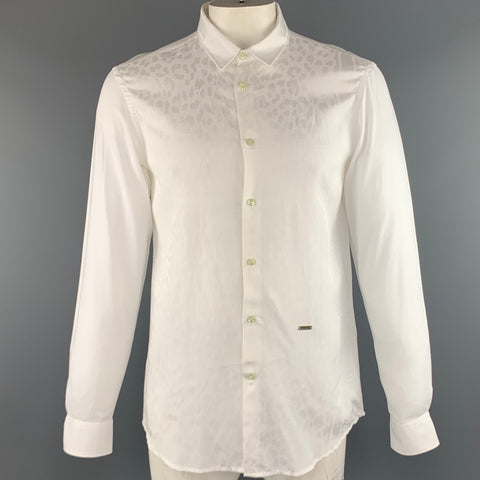JUST CAVALLI Taille L Blanc sur Blanc Imprimé Animal Boutonné Chemise à Manches Longues